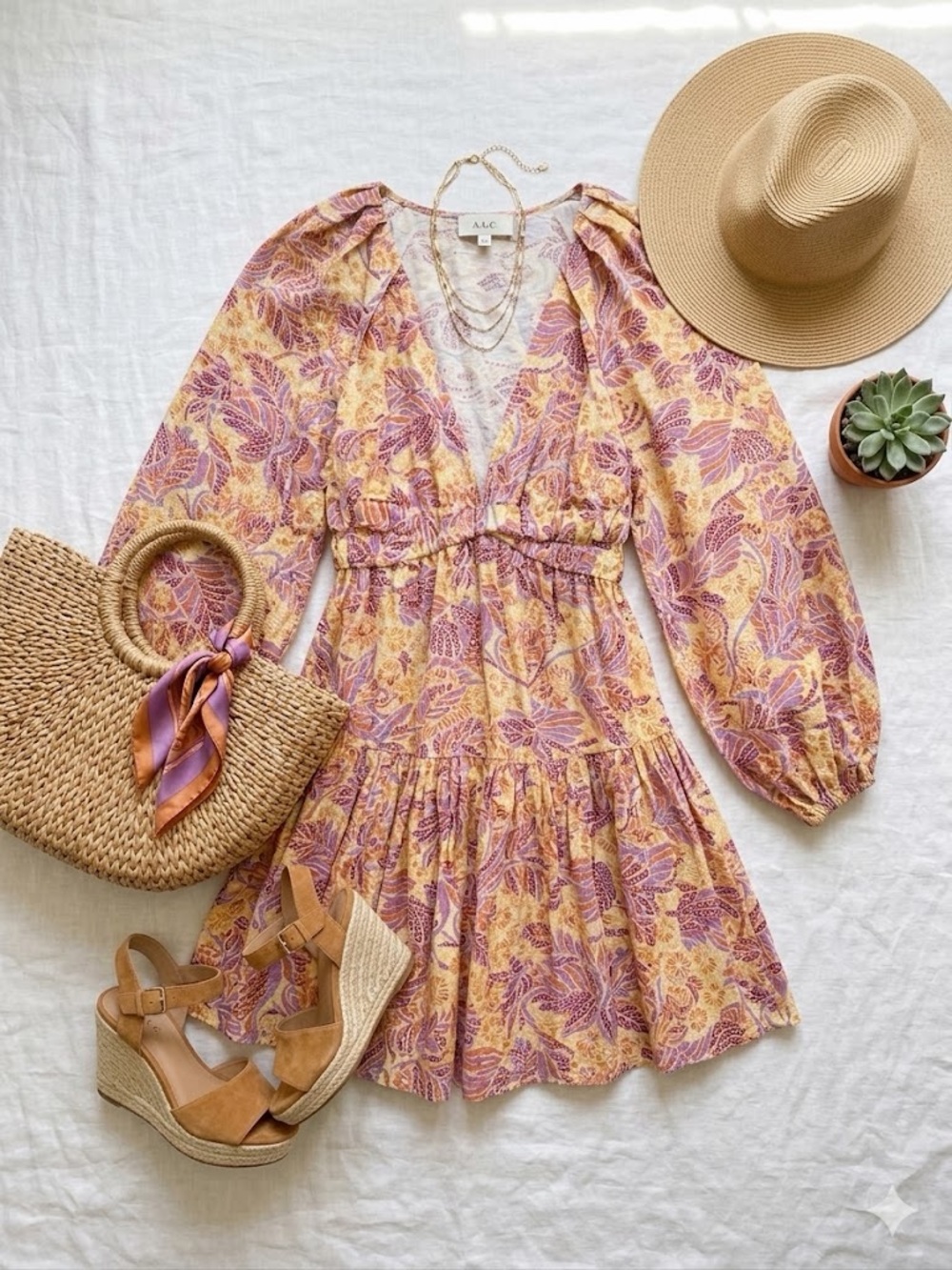 A.L.C. Yellow and Purple Floral V-Neck Tiered Mini Dress